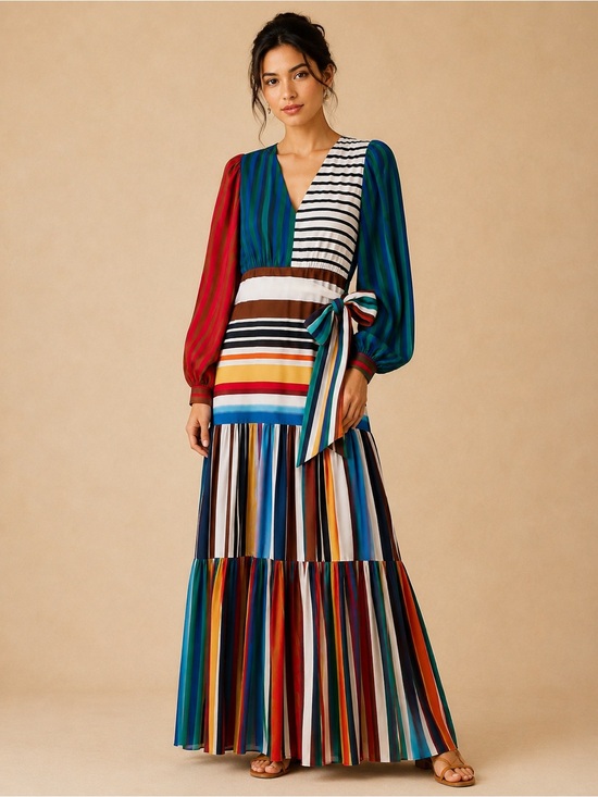 FARM Rio Dresses & Skirts - Farm Rio Thalita Stripe Multicolor Flowy Belted V-Neck Tiered Maxi Dress NWT